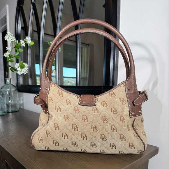 Dooney & Bourke Large Logo Canvas Handbag Brown Leather Trim Shoulder Bag - Picture 2 of 15